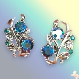 Signed Coro Blue Rhinestone Leaf Clip On Earrings Silver Tone Vintage